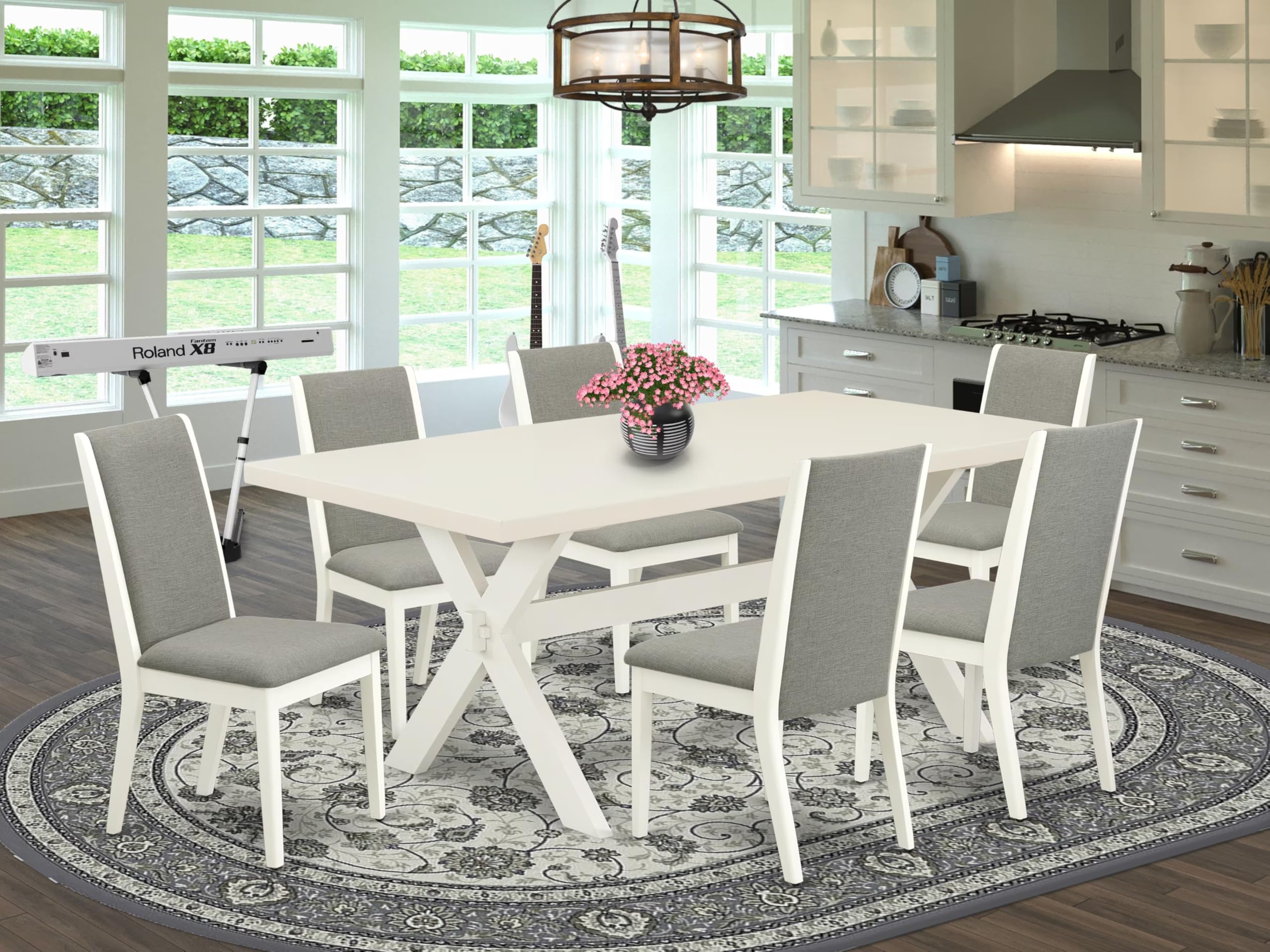 East West Furniture X027La206-7 7 Piece Dining Room Furniture Set Consist Of A Rectangle Dining Table With X-Legs And 6 Shitake Linen Fabric Upholstered Chairs, 40X72 Inch, Multi-Color